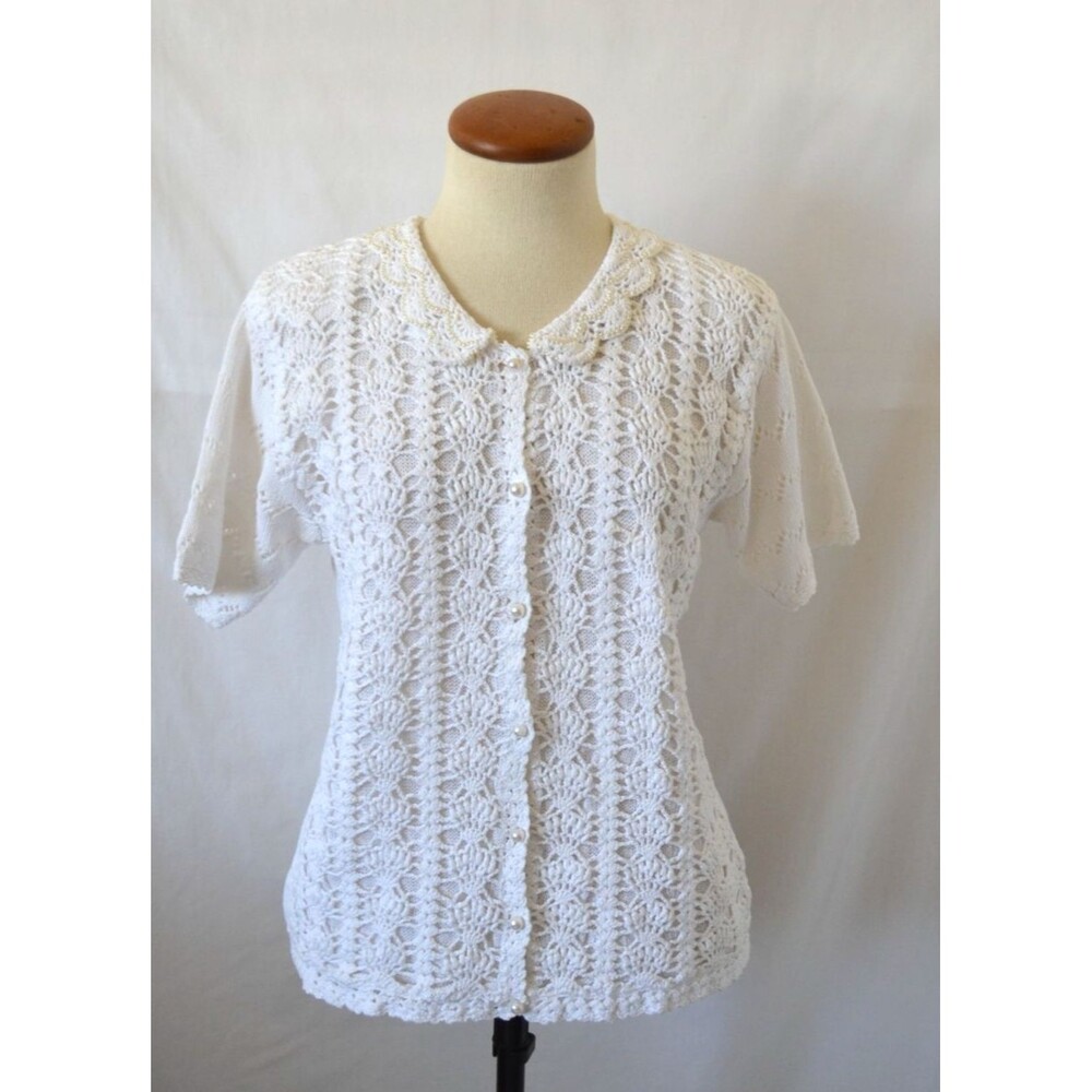 Vtg Jaclyn Smith Cardigan Sweater S White Crochet Knit Cottage Core Pearl Collar